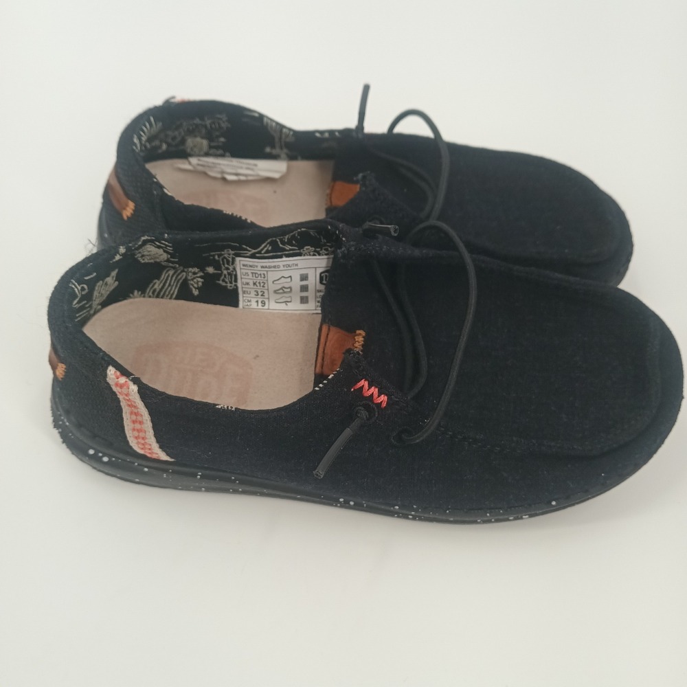 Hey Dude Wendy Washed Youth Black Canvas Slip On Loafers Shoes Size 13 Toddler